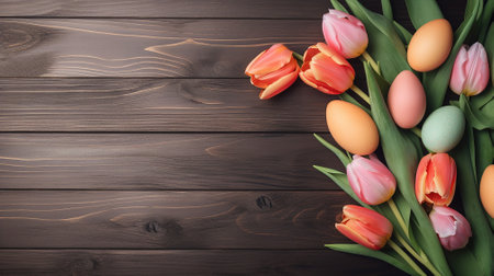 Easter eggs and tulips on wooden background. Top view with copy spaceの素材
