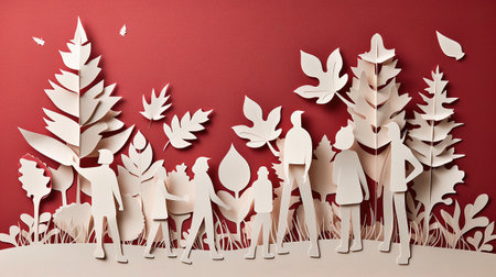 Paper cut of people standing in the forest. Paper art concept.の素材
