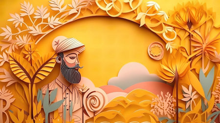 Paper art of Indian man with sunflower in paper cut style.の素材