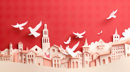 Paper art of city with flying birds. Travel and adventure concept.の素材