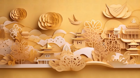 3d render of paper cut japanese landscape in paper art styleの素材
