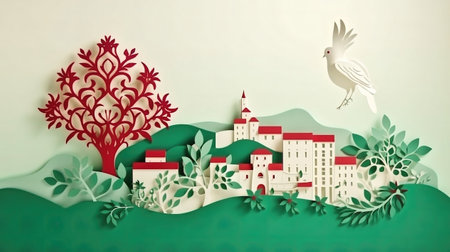 Paper art of cityscape with tree and white dove on green background.の素材