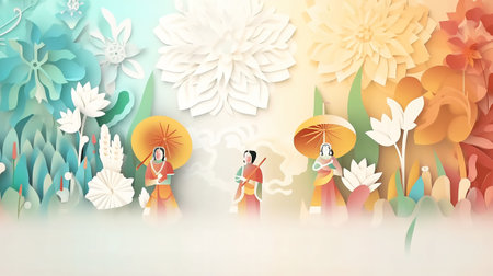 Paper art of Asian woman with umbrella and flower. Vector illustration.の素材