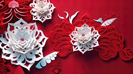 Paper cut flower background for Chinese New Year celebration. 3d renderingの素材