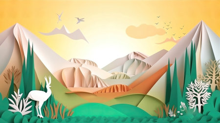 Paper art landscape with mountains, trees and deer. Vector illustration.の素材