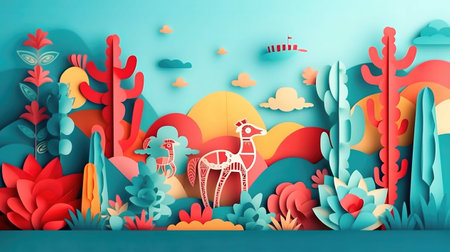 Paper cut desert landscape. Paper art style. 3d rendering.の素材