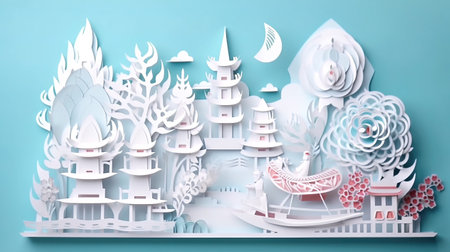 Paper art style of a small city in the middle of the forestの素材