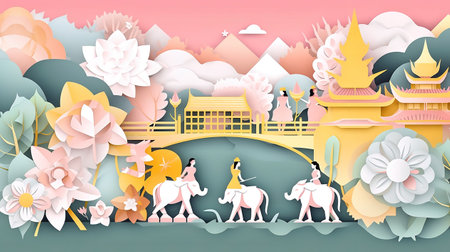 Paper art style of travel and tourism concept. Landscape with pagoda, pagoda, elephant, mountain, pagoda, temple in paper art style vector illustration.の素材