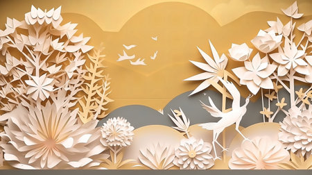 Paper cut of white paper flowers with birds and clouds. 3D renderingの素材