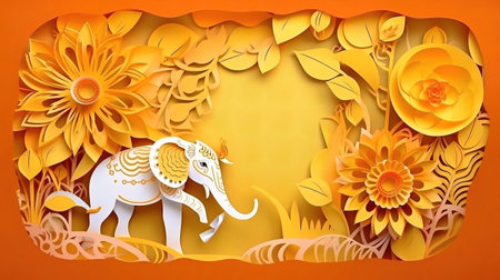 Paper cut of elephant with flower papercut style on orange background.の素材