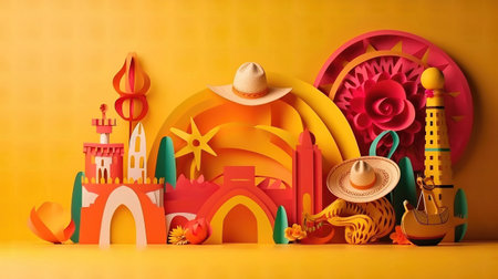 3d illustration of colorful paper cut and craft objects on yellow backgroundの素材