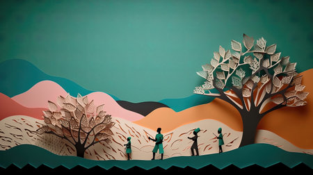 Couple walking in the desert with tree and mountains. Paper art style.の素材
