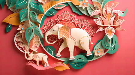 Paper cut of elephant with floral frame on red background. 3D renderingの素材
