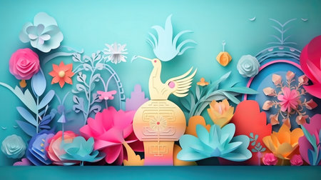Paper art and craft style of flower and bird, paper art and craft styleの素材