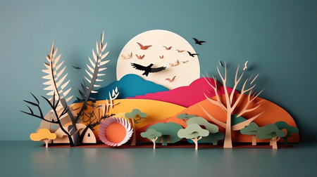 3d render of paper cut landscape with tree and birds. Minimal style.の素材