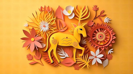 Paper cut deer and flowers on yellow background. Paper art style.の素材