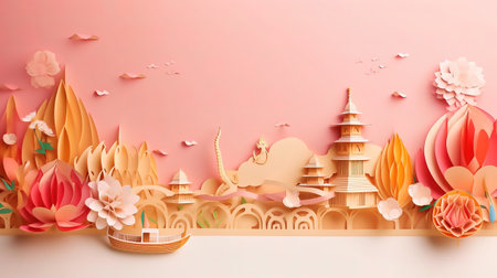 Paper art and craft style of dragon boat and paper art of dragon boat.の素材