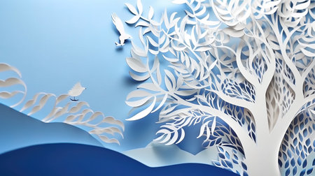 Paper cut of white tree on blue background. 3D illustration.の素材