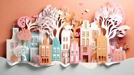 Paper art style of houses and trees in paper cut style. 3d renderingの素材