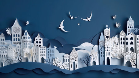 Paper art cityscape on blue background. Paper art and craft style.の素材