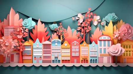 Paper art style illustration of a city with flowers and trees. Paper art style illustration.の素材