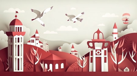 Paper art style of city building and birds flying in the sky.の素材