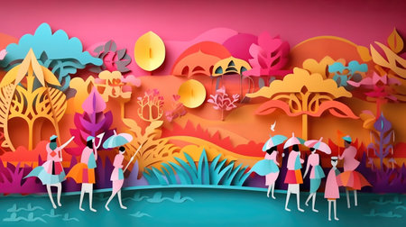 Paper art style of people holding umbrellas in the park. Vector illustration.の素材