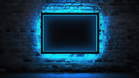 3D rendering of a blue neon frame in an old brick wallの素材