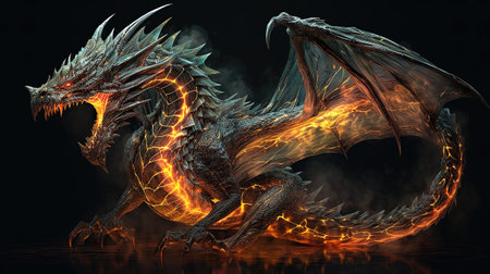 Dragon with fire flames on a dark background. 3d illustration.の素材