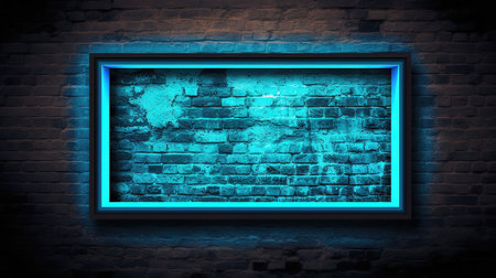 Blue neon frame on brick wall. 3D rendering. Neon lights.の素材