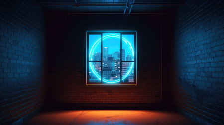 Dark room with neon glowing door and city view. 3D Renderingの素材