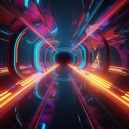 Futuristic tunnel with glowing neon lights. 3D rendering.の素材
