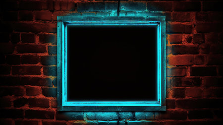 Blank blackboard on a brick wall in blue neon light.の素材