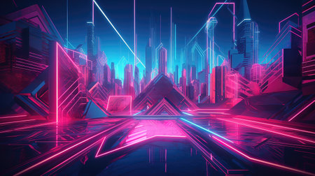 Futuristic city with neon lights, 3d rendering digital illustrationの素材