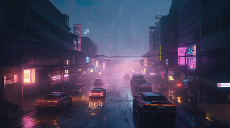 Foggy city street at night. 3D Rendering.の素材
