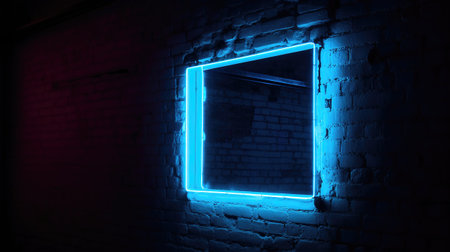 Neon glowing frame on brick wall. Blue and red color.の素材