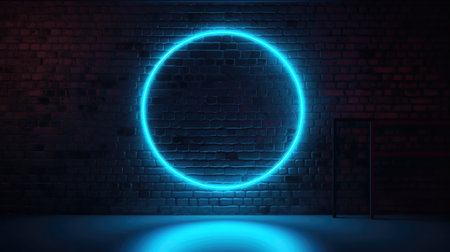 Neon circle on a brick wall background. 3d rendering.の素材