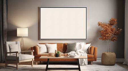 Modern living room interior with empty poster on wall. Mock up, 3D Renderingの素材