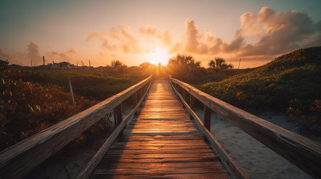 Wooden boardwalk leading to the beach at sunset, long exposureの素材