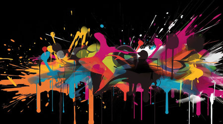 abstract colorful paint splashes on black background, vector illustration.の素材