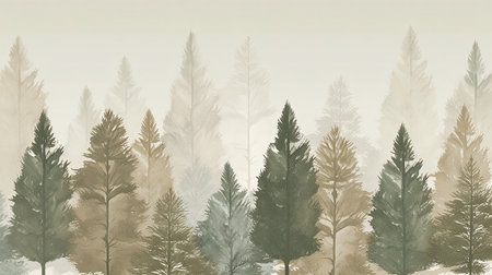 Winter forest. Watercolor illustration of coniferous trees in fog.の素材