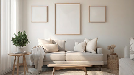 Living room interior with mock up poster frame, 3d render illustrationの素材