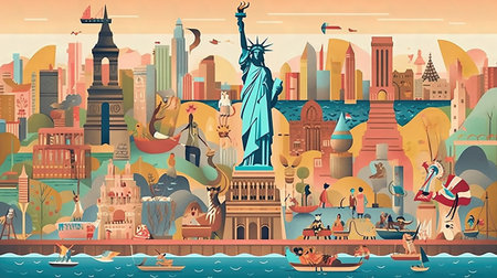 Statue of Liberty and other famous landmarks in America. Vector illustrationの素材