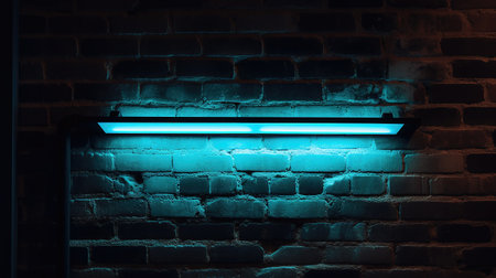 Blue neon sign on brick wall. Nightlife concept. 3D Renderingの素材