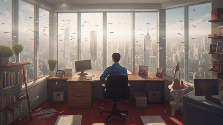 Businessman sitting in the office and looking at the city. 3d renderingの素材