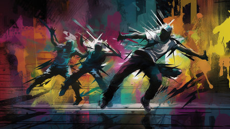 Kung fu action on abstract colorful background, digital painting illustration.の素材