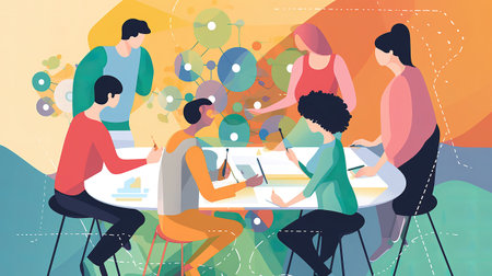 Vector illustration of a group of young people sitting at the table and brainstorming in the office.の素材