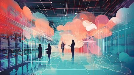 Silhouettes of business people and cloud computing concept. Mixed mediaの素材