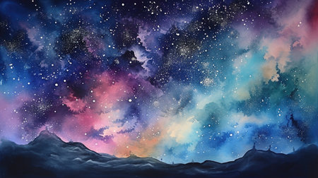 Night sky background with stars and nebula. Watercolor illustration.の素材