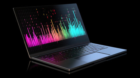 Laptop with colorful graph on black background. 3D rendering.の素材